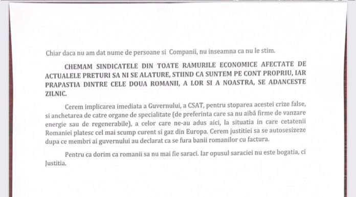 Federațiile sindicale Univers și Mine Energie, SCRISOARE DESCHISĂ șefilor țării