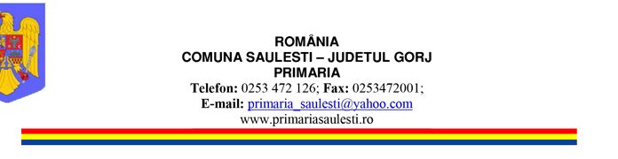 ANUNȚ – Primăria comunei Săulești organizează procedura de recrutare și selecție pentru ocuparea următoarelor posturi vacante contractuale în afara organigramei în cadru proiectului ,,Sprijin pentru comunitatea marginalizată din comuna Săulești, județul Gorj”
