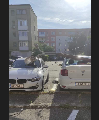 FOTO, Târgu Jiu| Stâlpi căzuți pe mașinile oamenilor!