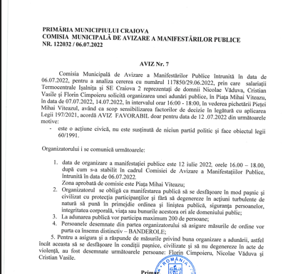 Sindicatul Termo Energia Craiova II, protest la Craiova! Primăria a avizat acțiunea sindicală