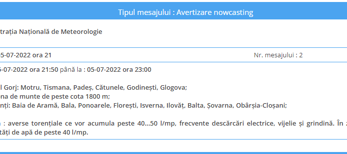 Cod roșu în Gorj! Vijelii, averse torențiale, descărcări electrice