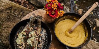 Rețeta săptămânii – Bucătăria lui Fabi: Păstrăv Müllerin Art, cu sos de migdale și mămăligă, pe foc