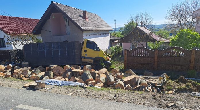 Plopșoru: Bărbat lovit de lemnele răsturnate dintr-o mașină care a ajuns în curte