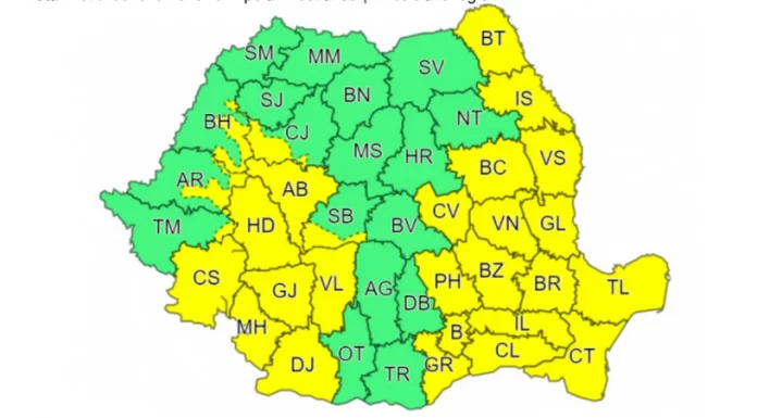 Cod galben de ploi torențiale și vijelii