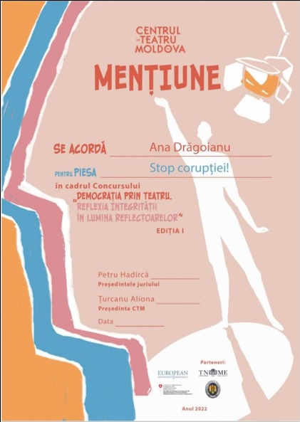 Prima piesă de teatru „Stop Corupției” scrisă de Ana Drăgoianu, premiată la Chișinău