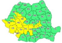 Cod galben de ploi torenţiale, grindină şi vijelii