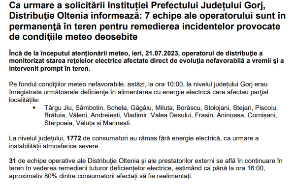 Gorj: 1.772 de familii din 20 de localități, rămase fără curent electric