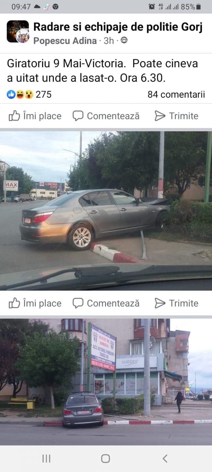 FOTO, Târgu Jiu: A intrat cu BMV-ul în stâlpul care se mai ține acum de cabluri