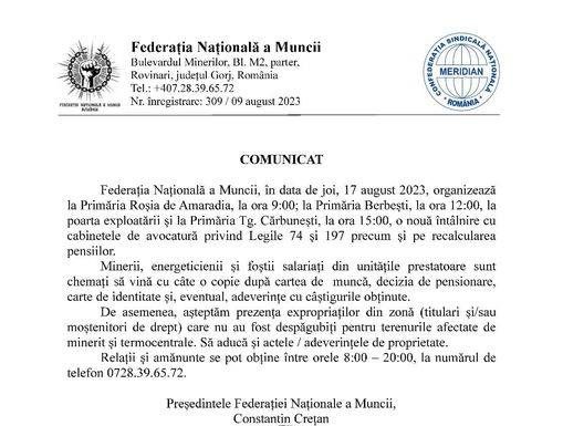 FNM: Întâlnire cu avocații, pentru legile 74 și 197, la primăriile Roșia de Amaradia, Berbești și Cărbunești