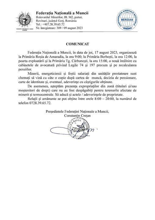 FNM: Întâlnire cu avocații, pentru legile 74 și 197, la primăriile Roșia de Amaradia, Berbești și Cărbunești