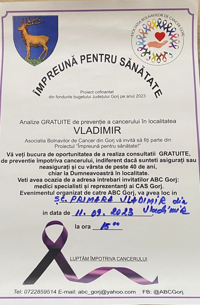 Analize gratuite de prevenție a cancerului, astăzi, în comuna Vladimir
