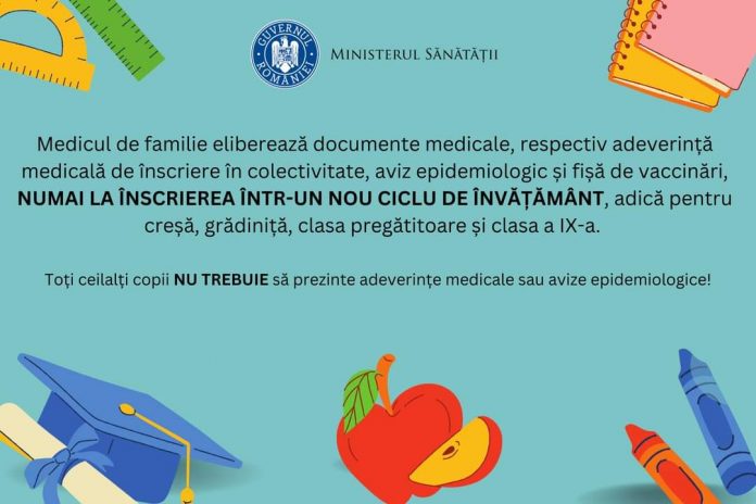 Precizări de la Ministerul Sănătății privind avizele medicale ale elevilor și preșcolarilor