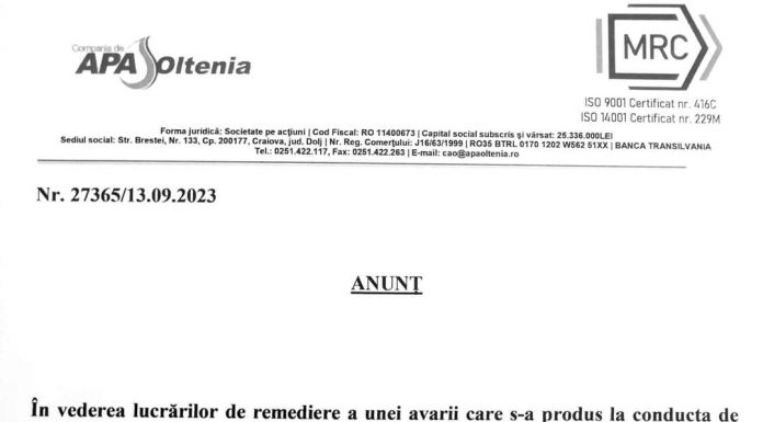 Presiune scăzută la apă în mai multe localități din Gorj, din cauza unei avarii