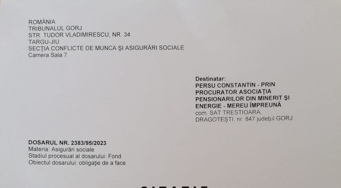 Primele termene de recalculare a pensiei, pentru mineri și energeticieni, date de instanța din Gorj