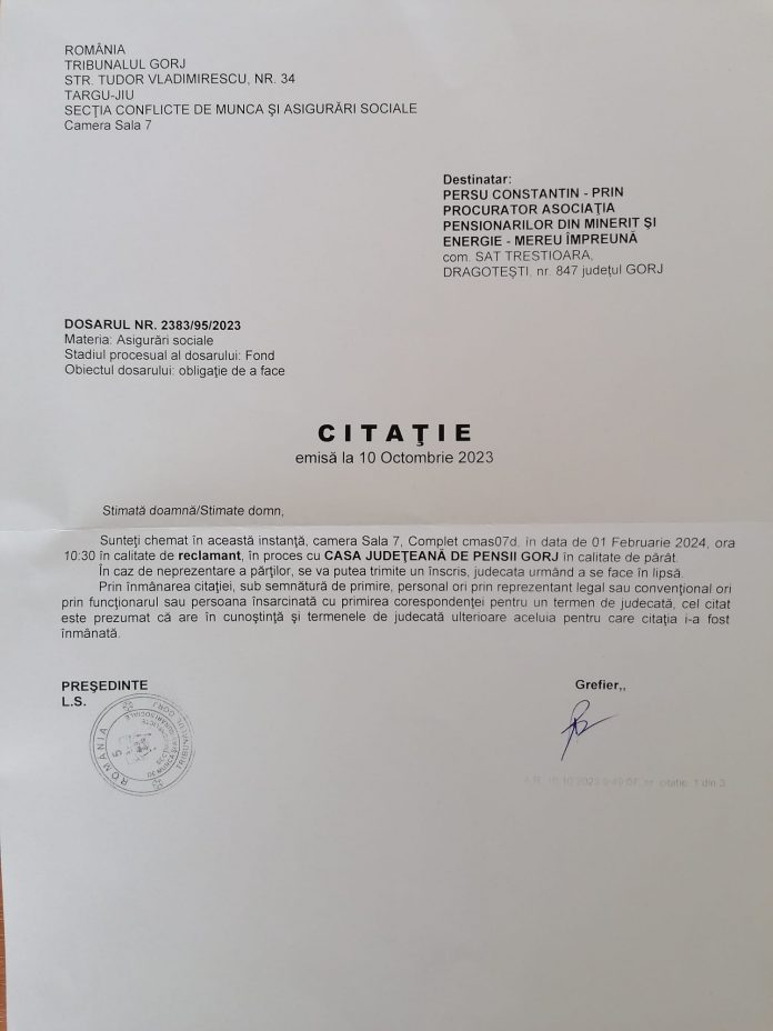 Primele termene de recalculare a pensiei, pentru mineri și energeticieni, date de instanța din Gorj