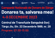 IMPORTANT| Târgu Jiu, 4-8 decembrie: DONAREA TA, SALVAREA MEA! – campanie națională de donare de sânge!
