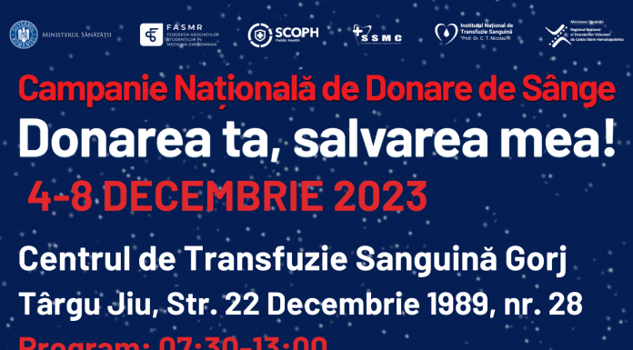 IMPORTANT| Târgu Jiu, 4-8 decembrie: DONAREA TA, SALVAREA MEA! – campanie națională de donare de sânge!