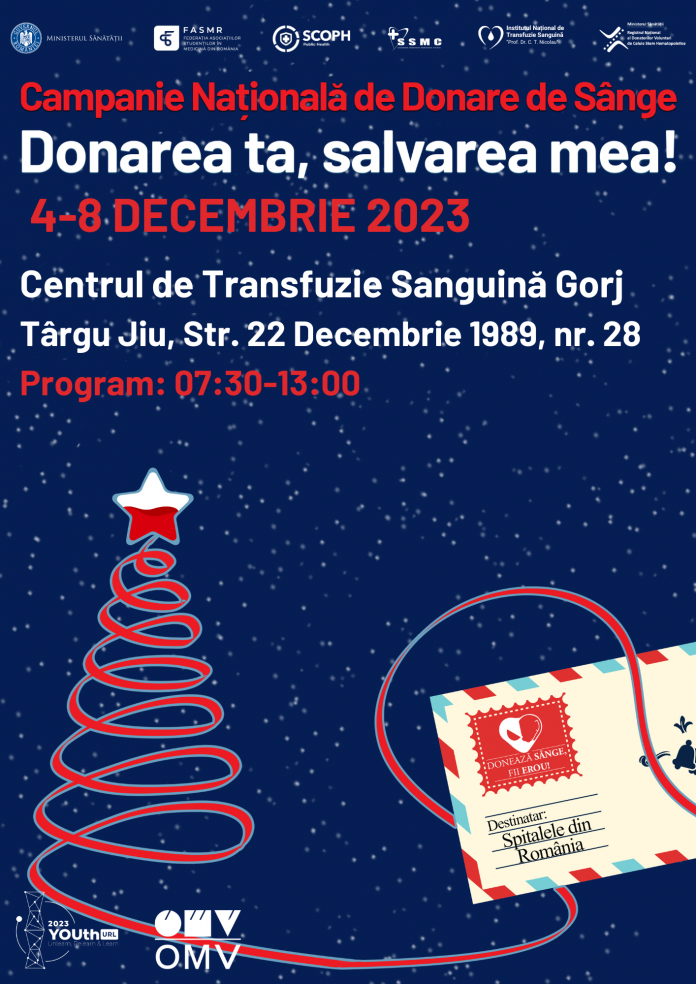 IMPORTANT| Târgu Jiu, 4-8 decembrie: DONAREA TA, SALVAREA MEA! – campanie națională de donare de sânge!