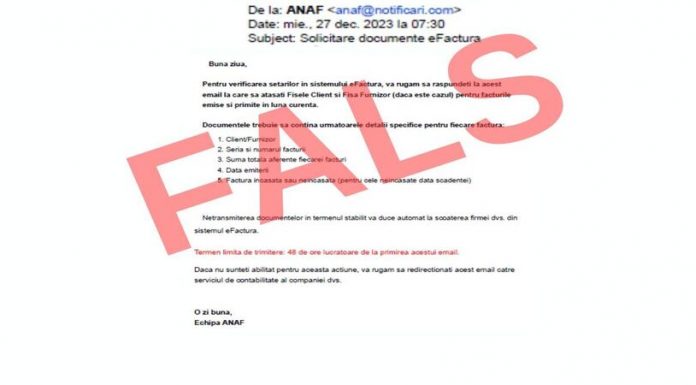 Mesaje false în numele ANAF legate de e-Factura