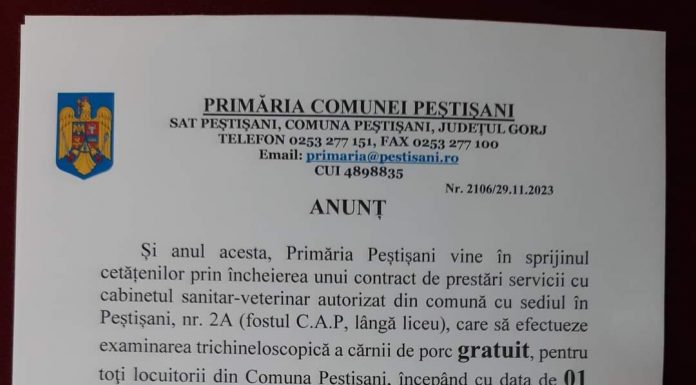 Examene trichineloscopice gratuite, la Peștișani