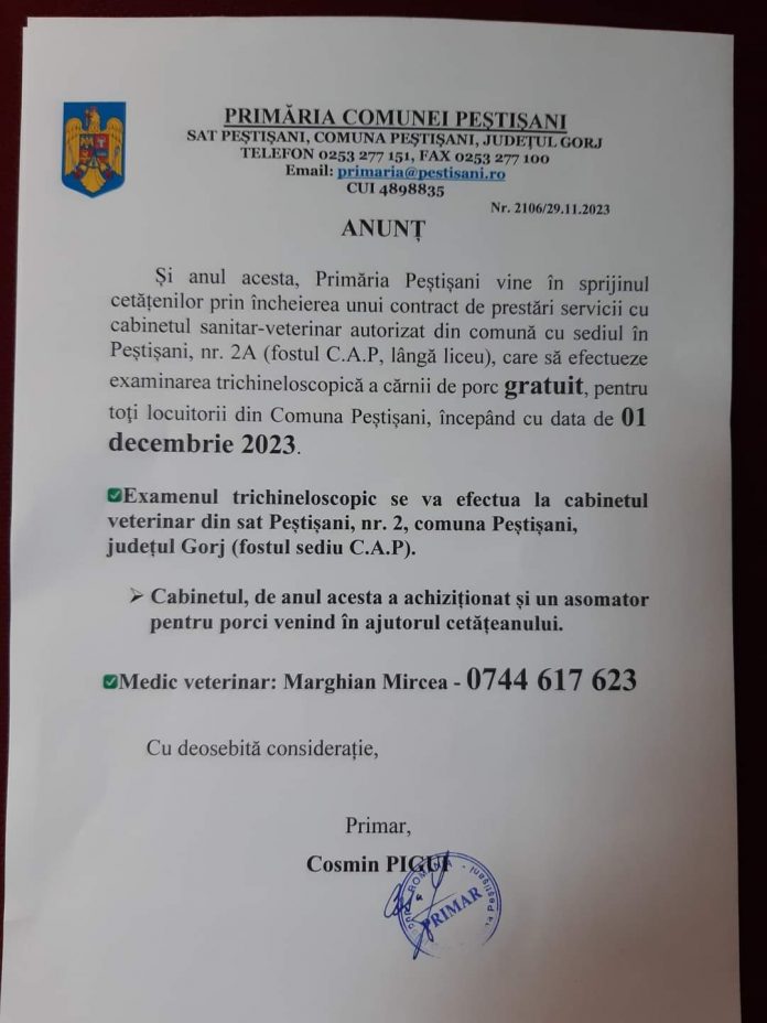 Examene trichineloscopice gratuite, la Peștișani