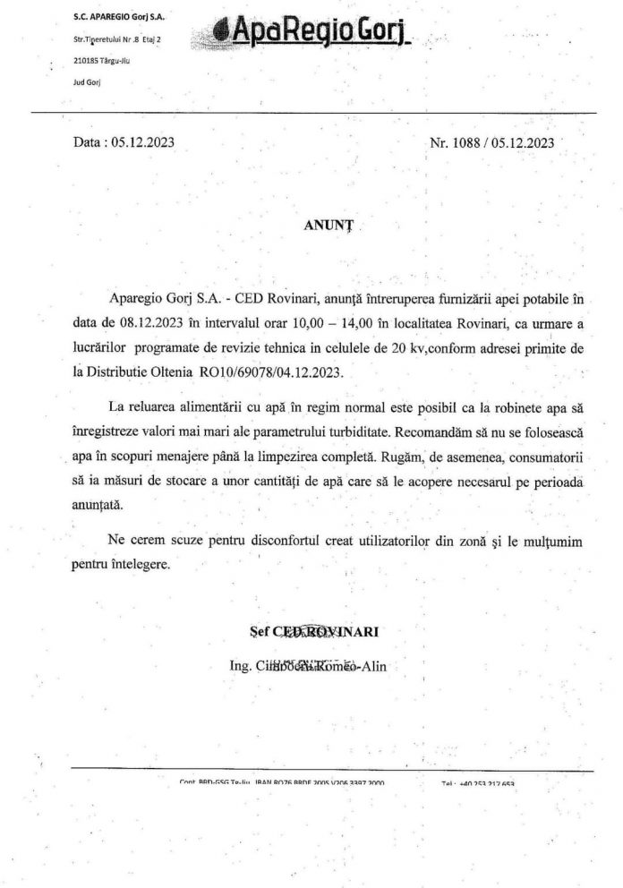 Se ia apa la Rovinari!