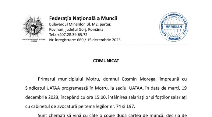 FNM îi cheamă pe salariații UATAA la discuții cu avocații