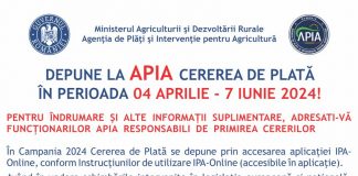 APIA: Joi se dă startul campaniei de primire a cererilor de plată pentru anul 2024