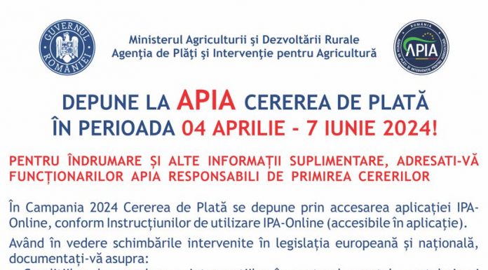 APIA: Joi se dă startul campaniei de primire a cererilor de plată pentru anul 2024