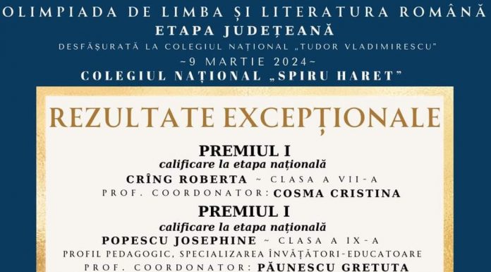 Târgu Jiu, CNSH: S-au calificat la etapa națională la Olimpiada de Limba Română!