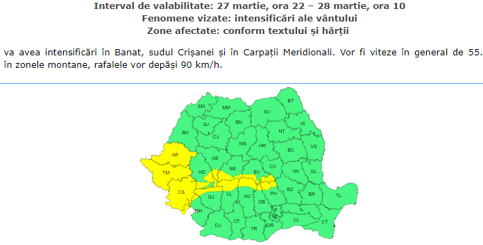 Vreme severă imediată în Gorj. Zeci de localități sub Cod galben