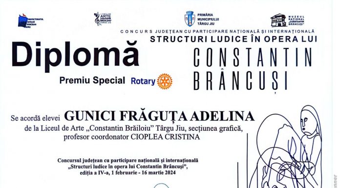Clubul Rotary a acordat premiul special în cadrul concursului ”Structuri Ludice în opera lui Constantin Brâncuși”