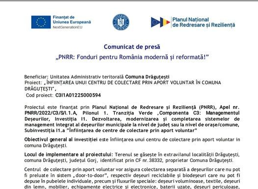 Drăguțești: Centru de colectare a deșeurilor cu finanțare prin PNRR