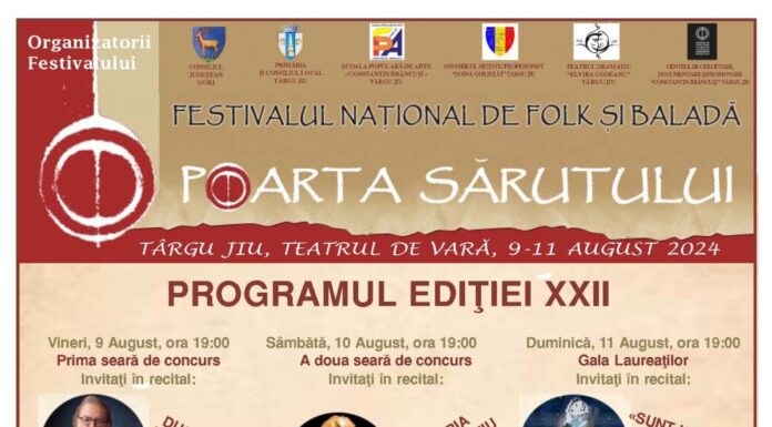 Târgu Jiu: Programul complet al Festivalului Național de Folk și Baladă ”Poarta Sărutului”