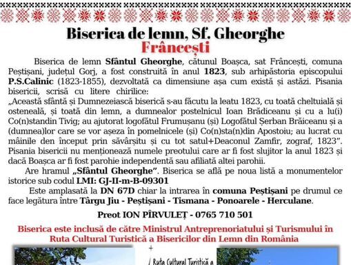 Biserica din lemn de la Frâncești, inclusă în rutele promovate de Ministerul Economiei!