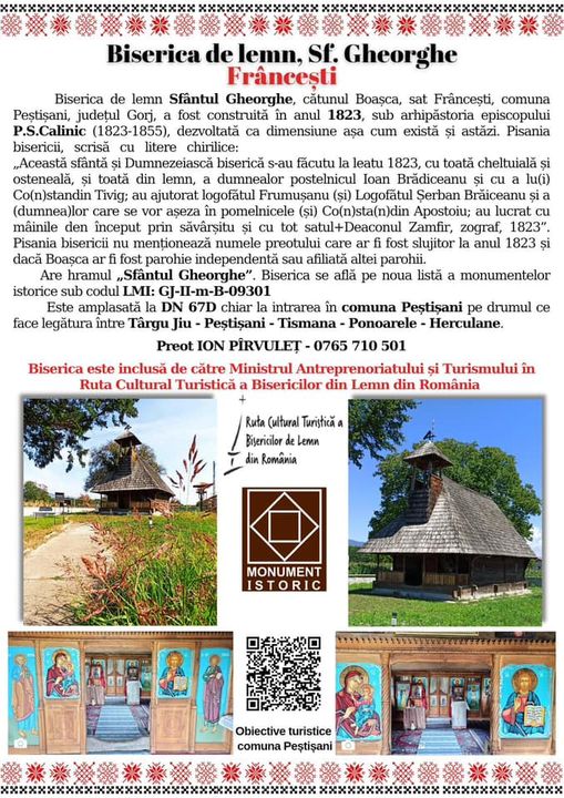 Biserica din lemn de la Frâncești, inclusă în rutele promovate de Ministerul Economiei!