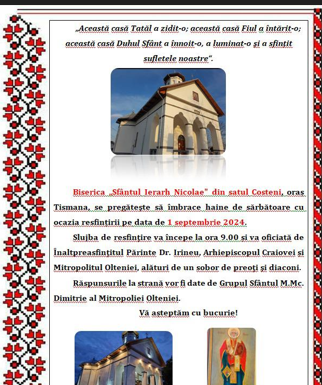 Tismana: Biserica ”Sfântul Ierarh Nicolae” va fi resfințită