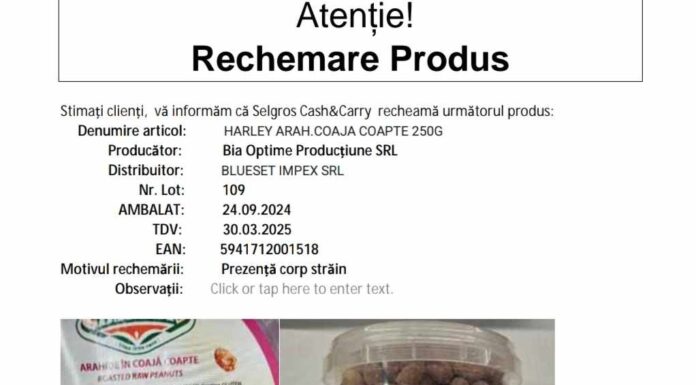 Produs contaminat cu un corp străin, retras din magazine