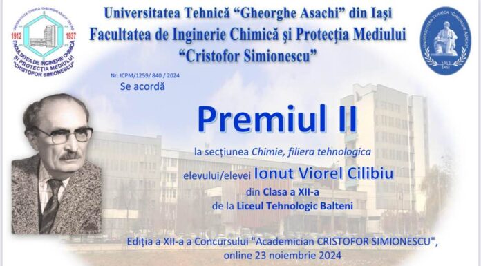 Elev din Bâlteni, premiat la un concurs național de chimie