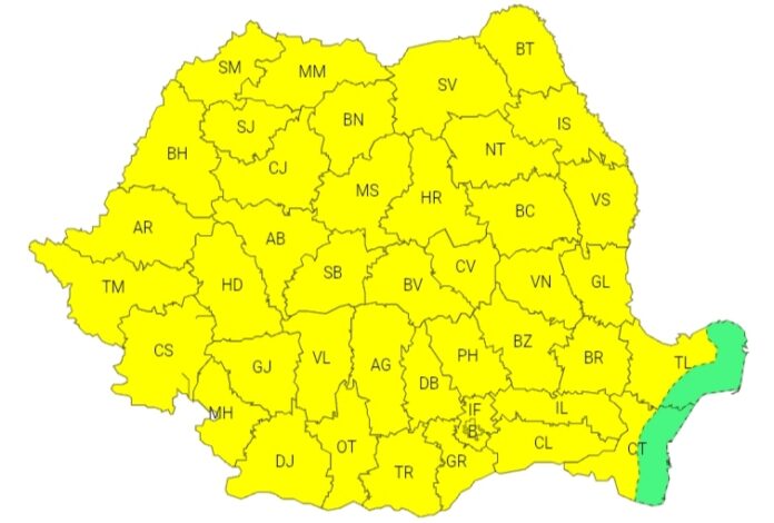 Cod galben de ploi torențiale și vijelii