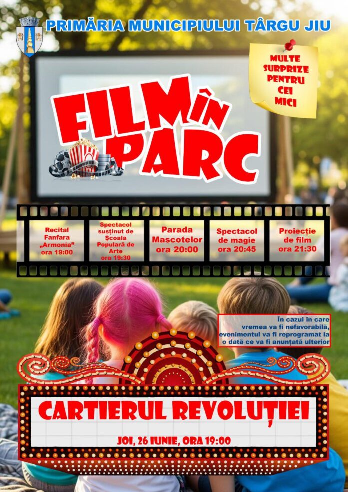 „Film în parc” ajunge joi în cartierul Revoluției din Târgu Jiu
