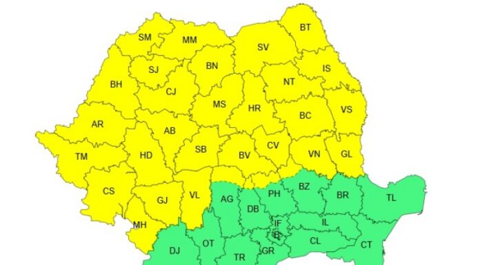 Cod galben de ploi torențiale și vijelii