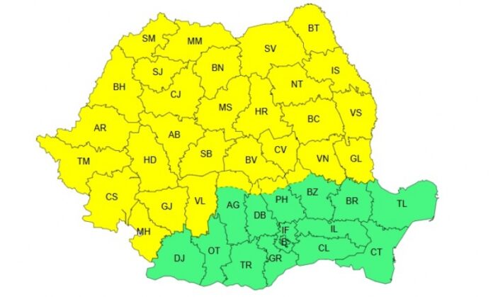 Cod galben de ploi torențiale și vijelii