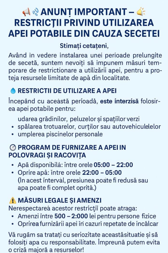 Polovragi: Restricții la utilizarea apei potabile din cauza secetei