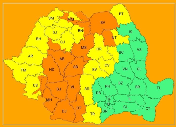 Cod portocaliu de ploi și vijelii în Gorj