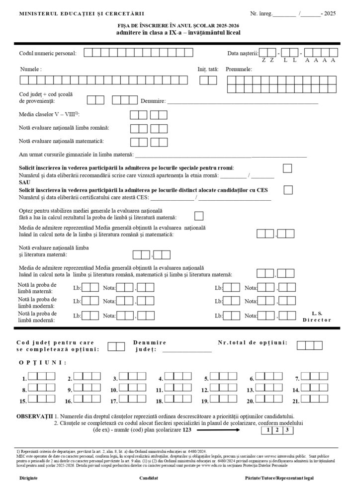 A început completarea fișelor de opțiuni pentru admiterea la liceu