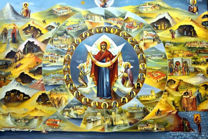 «Acoperământul Maicii Domnului» sau «Pocroava» – ,,Noi, păcătoșii, nădăjduind la «Acoperământul» tău, îndrăznim a cânta Maicii lui Dumnezeu: Bucură-te, bucuria noastră; acoperă-ne de tot răul cu cinstitul tău omofor”!