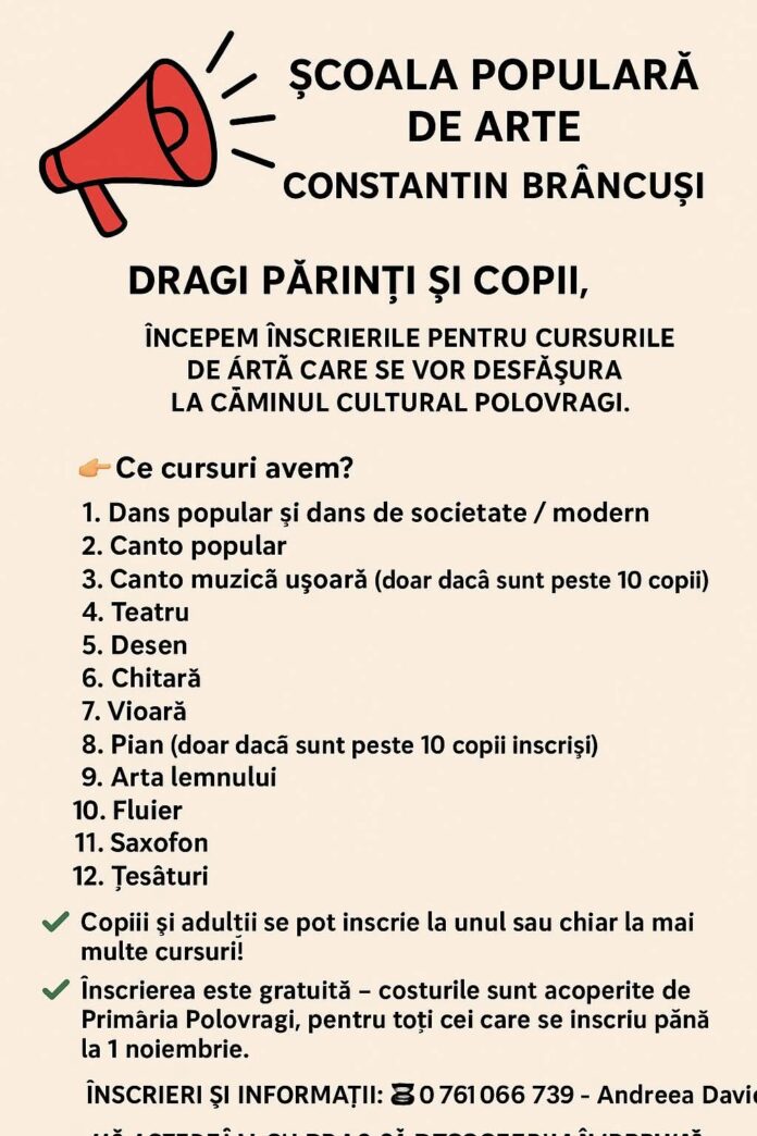 Cursuri gratuite de artă, fără limită de vârstă, la Polovragi