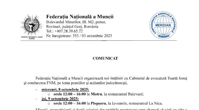 FNM: Noi întâlniri mineri-avocați, pe tema pensiilor
