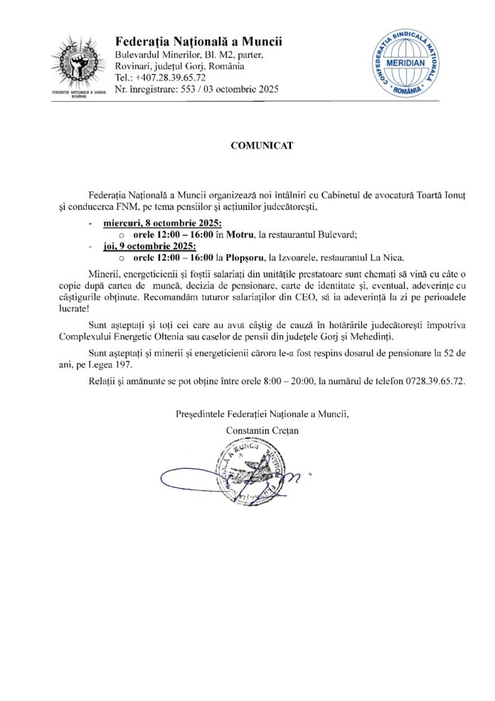 FNM: Noi întâlniri mineri-avocați, pe tema pensiilor